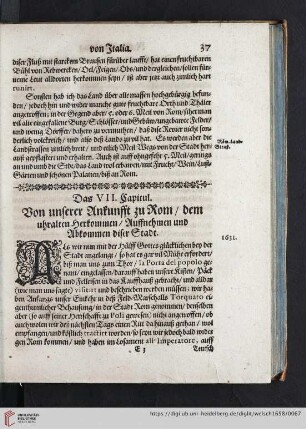 Das VII. Capitul: Von unserer Ankunfft zu Rom / dem uhralten Herkommen / Auffnehmen und Abkommen diser Stadt