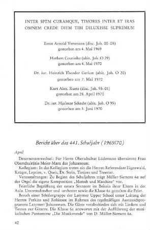 Bericht über das 441. Schuljahr (1969/70)