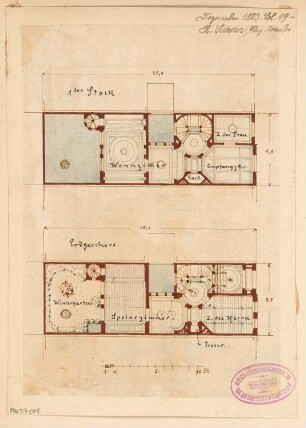 Städtisches Wohnhaus Monatskonkurrenz Dezember 1883: Grundriss Erdgeschoss, 1. Obergeschoss; Maßstabsleiste