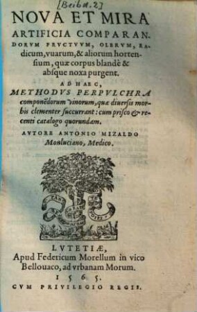 Nova et mira artificia comparandorum fructuum, olerum, radicum, uvarum, & aliorum hortensium, quae corpus blande & absque noxa purgent : ad haec, methodus perpulchra componendorun vinorum, quae diversis morbis clementer succurrant ; cum prisco et recenti catalogo quorundam