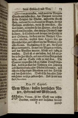 Das IV. Capitel. Vom Wein/ dessen herrlichen Nutzen, Gebrauch und Mißbrauch.