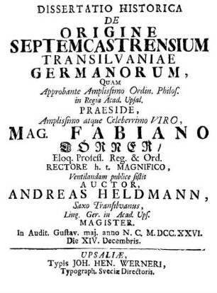 Dissertatio historica de origine septem castrensium Transilvaniae Germanorum