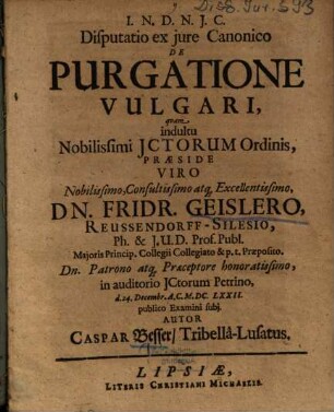 Disputatio ex jure Canonico De Purgatione Vulgari