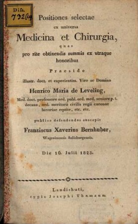 Positiones selectae ex universa medicina et chirurgia