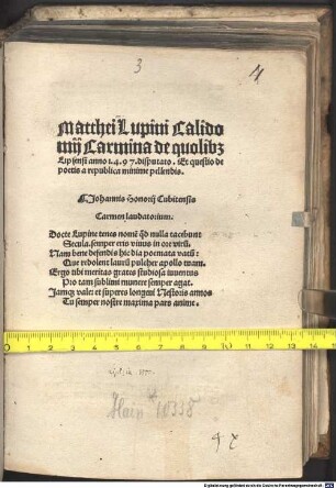 Carmina de quolibet Lipsiensi anno 1497 disputato et quaestio de poetis a republica minime pellendis : gewidmet den Grafen Gebhard und Albrecht von Mansfeld. Mit Gedichten von Johannes Honorius, Johannes Maius und Georgius Dottanius