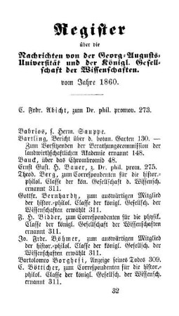 Register über die Nachrichten von der Georg=August=Universität und der Königl. Gesellschaft der Wissenschaften. vom Jahre 1860.