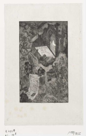 Junger Gaspard am Schreibtisch, umgeben von furchterregenden Kreaturen, Titelblatt aus: Louis Bertrand, "Gaspard de la nuit", Paris 1868