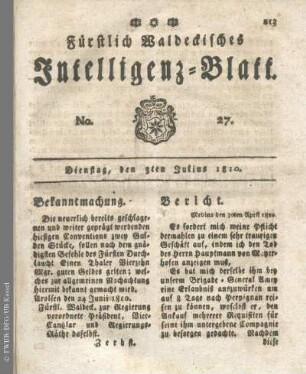 No. 27, Dienstag, den 3ten Julius 1810
