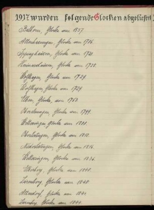 1917 wurden folgende Glocken abgeliefert