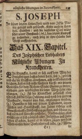 S. Joseph [...]. Das XIX. Capitel. Des Josephischen Liebhabers Nützliche Ubungen In Kranckheiten.