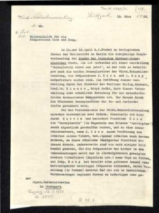 Reisebeihilfe für die Präparatoren Kerz und Haug