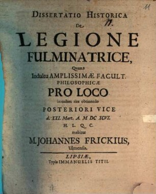 Dissertatio Historica De Legione Fulminatrice