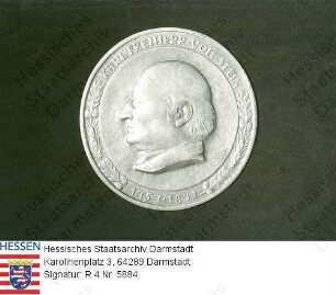 Stein, Karl Reichsfreiherr vom und zum (1757-1831) / Porträt auf Freiherr-vom-Stein-Medaille des Landes Hessen / Kopfbild im Profil, mit Umschrift