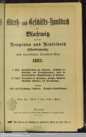 5.1883: Adreß- und Geschäfts-Handbuch für Blasewitz mit Neugruna und Neuseidnitz
