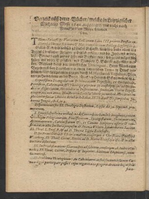 Verzeichnüß derer Bücher/ welche in Leipzigischer Michaelis Messe 1640. außgangen/ ...