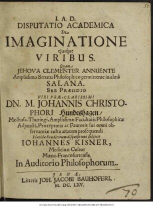 Disputatio Academica De Imaginatione eiusque Viribus
