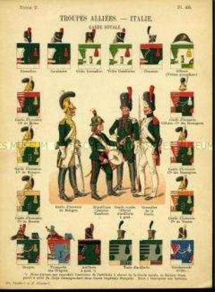 Uniformdarstellung, Garde-Reiter, Tambour, Garde-Artillerie-Offizier und Garde-Grenadier, Detailstudien von Kopfbedeckungen und Abzeichen der Alliierten Italienischen Regimenter, Frankreich, um 1800.