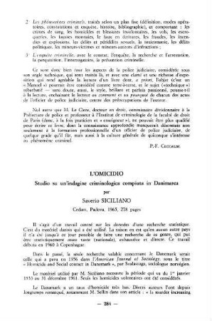 284-285, L'omicidio. Studio su un'indagine criminologica compiuta in Danimarca, par Saverio Siciliano