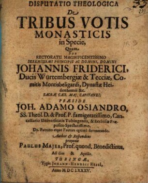 Disp. theol. de tribus votis monasticis in specie