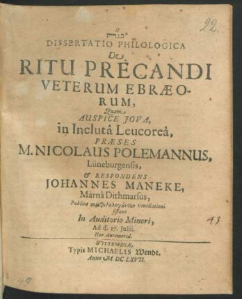 Dissertatio Philologica De Ritu Precandi Veterum Ebraeorum