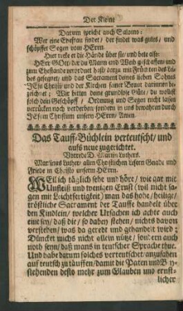 Das Tauff-Büchlein verteutscht/ und aufs neue zugerichtet.