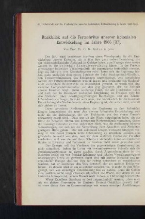 Rückblick auf die Fortschritte unserer koloniale Entwicklung im Jahre 1906 [07].