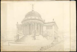 Erweiterung der Museumsinsel, Berlin Schinkelwettbewerb 1882: Museum für Nachklassische Kunst. Perspektivische Ansicht (Froschperspektive) von NW