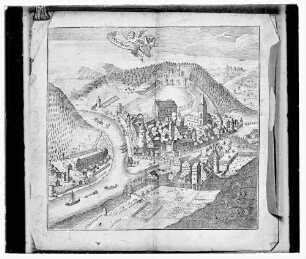 Tuschezeichnung oder Stich mit Blick auf Wertheim, Mainspitze u.a. hoch zur Burg Wertheim