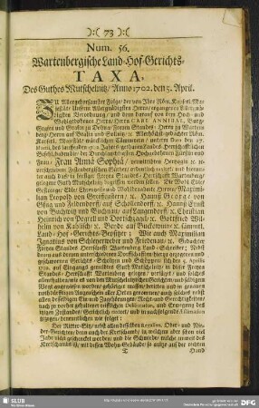 Num. 56. Wartenbergische Land- Hof- Gerichts- Taxa ...