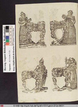 Oben links: Laute spielende Frau neben einem leeren Wappenschild.