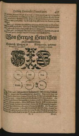 Wappen. Heinrich/ Hertzog zu Braunschweig zu Lüneburg. und Margareta/ geborne und Hertzogin Sachsen.