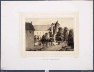 Das Schloss Scharfenberg (Klipphausen) über der Elbe zwischen Meißen und Dresden, die Eingangsseite mit Tortürmchen von Südwesten, aus Album der Schlösser und Rittergüter im Königreich Sachsen