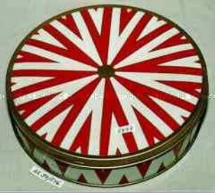 Blechdose für Gebäck (auf Boden: H. BAHLSENS KEKSFABRIK K.G. HANNOVER - Abbildung von Streifen, strahlenförmig von der Mitte auslaufend, rot und weiß)