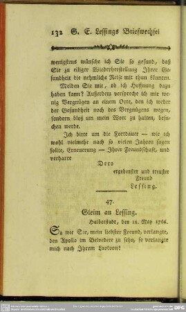 47. Gleim an Lessing. Halberstadt, den 18. May 1766