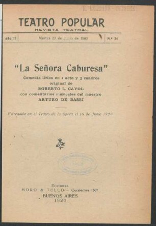 2.1920=Nr. 34: La señora Caburesa : comedia lírica en 1 acto y 3 cuadros