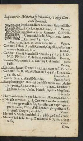 Sequuntur Motetta spiritualia, vulgo Concerti spirituali.
