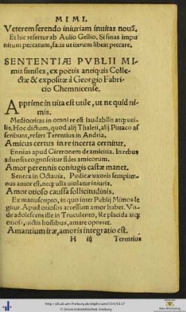 Sententiæ Publii Mimis similes ex poetis antiquis Collectæ et expositæ à Georgio Fabricio Chemnicense