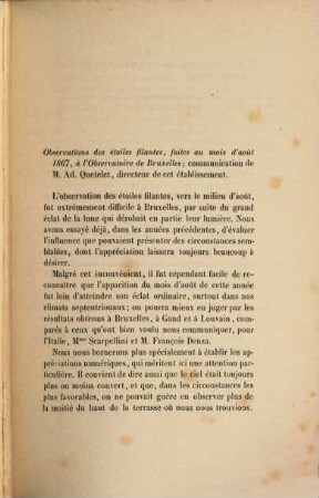 Sur les étoiles filantes périodiques du mois d'aout 1867, et sur les orages observés en Belgique, pendant l'été de 1867