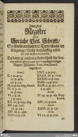 Zweytes Register Der Sprüche Heil. Schrifft, So theils an statt der Text, theils im Eingange, theils beyläufftig erkläret und erläutert werden