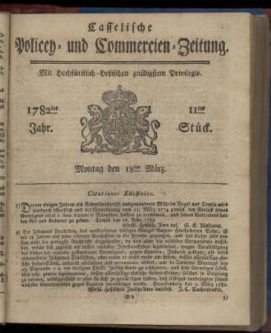 11tes Stueck, Montag den 18ten Maerz. 1782