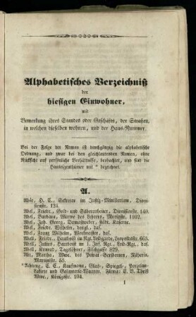 Alphabetisches Verzeichniß der hiesigen Einwohner