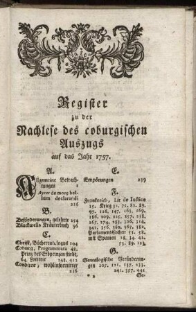 Register zu der Nachlese des coburgischen Auszugs auf das Jahr 1757.