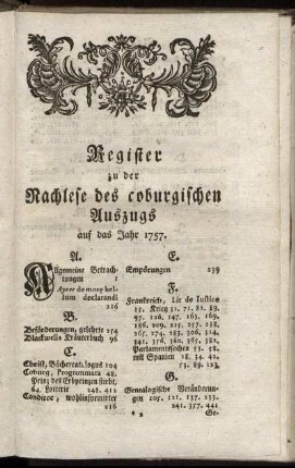 Register zu der Nachlese des coburgischen Auszugs auf das Jahr 1757.