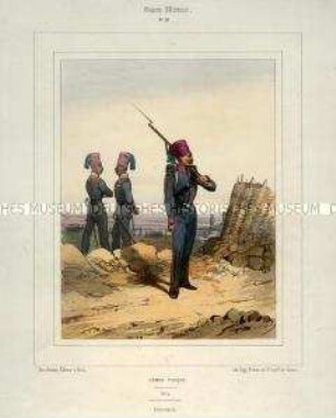 Uniformdarstellung, Offiziere und Gemeiner der Infanterie, Türkei, 1832/1848. Tafel Nr. 81 aus: Galerie militaire. Collection des Costumes Militaires de toutes les Nations. Paris 1840 - 1855.
