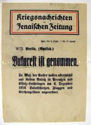 Nachrichtenblatt der "Jenaischen Zeitung" zur Einnahme von Bukarest