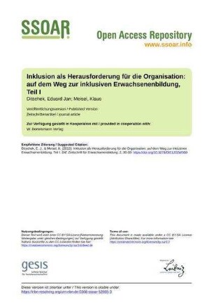 Inklusion als Herausforderung für die Organisation: auf dem Weg zur inklusiven Erwachsenenbildung, Teil I