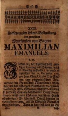 Curieuses Bücher-Cabinet Oder Nachricht von Historischen, Staats- und galanten Sachen, 11. Die Fortsetzung des Lebens Maximil. Emanuel. Und Josephi Clementis Gewesener Churfürsten zu Bayern u. Cölln Wie auch Der Geheimemen Historie Der Königin Zarah und der Zarahiten