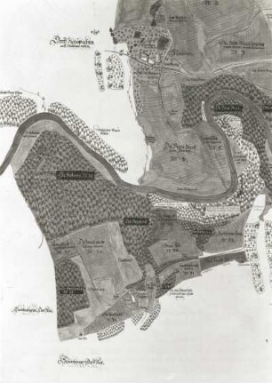 Neusorge an der Zschopau zwischen Sachsenburg und Mittweida (Kreis Hainichen) : Neusorge an der Zschopau zwischen Sachsenburg und Mittweida (Kreis Hainichen). 1 : 3333 (Norden rechts). Zeichnung, koloriert; 98 x 178 cm (um 1620; B. Zimmermann). Ausschnitt: Zschopau-Schlinge bei Zschöpichen. Dresden: Hauptstaatsarchiv Dresden I, 19, 4 in XVII