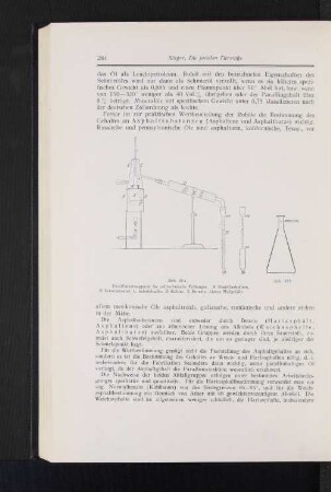 Abb. 39a und Abb. 39b Destillationsapparat für zolltechnische Prüfungen, A Destillierkolben, B Schutzmantel, C Schutzhaube, D Kühler, E Burette, hierzu Meßgefäße