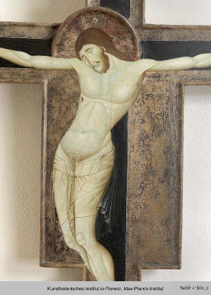 Kruzifix mit Maria, Johannes, Christus Pantokrator und einem Stifter
